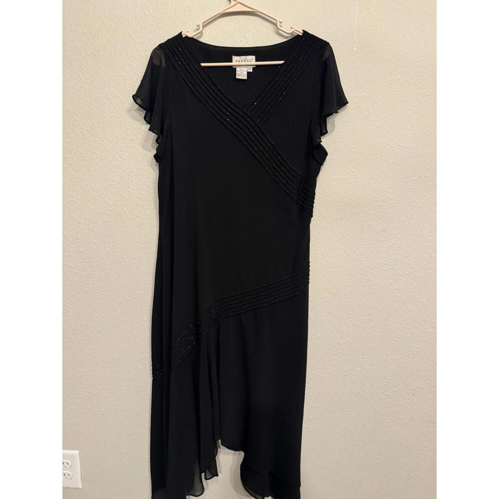 Vintage Papell Petites Black‎ Beaded Flutter Sleeve Cocktail Dress Sz 14P